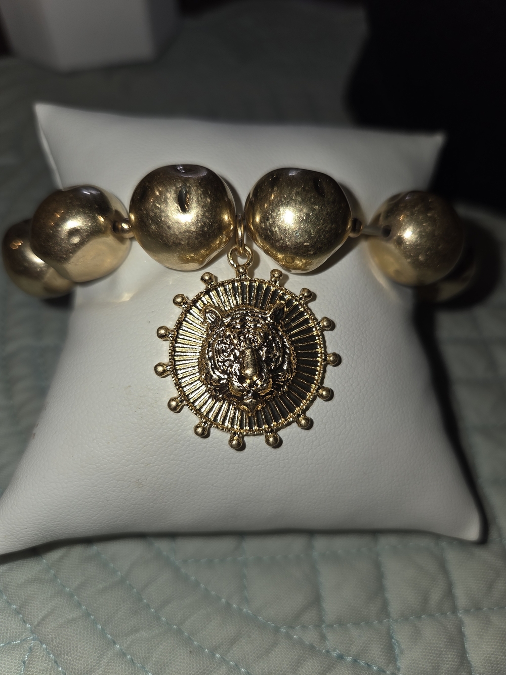 Gold Bead Bracelet with Lion Medallion Pendant